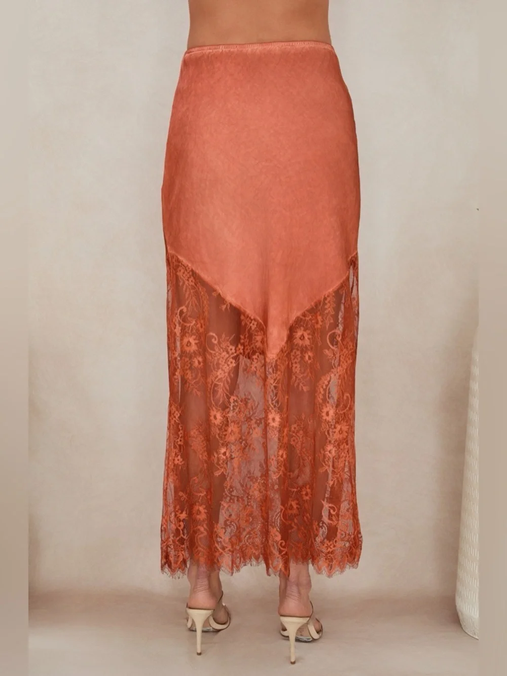 (6324-WINE) VISCOSE MAXI SKIRT WITH LACE HEM - Picture 5 of 6